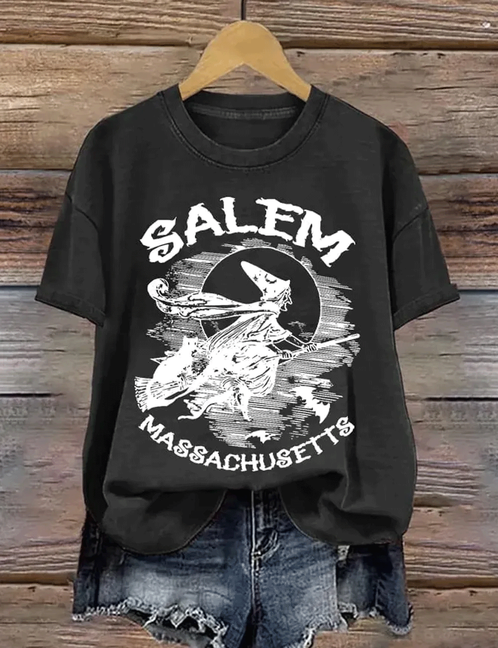 Women's Salem Massachusetts Witch On A Broomstick Print Round Neck T-Shirt