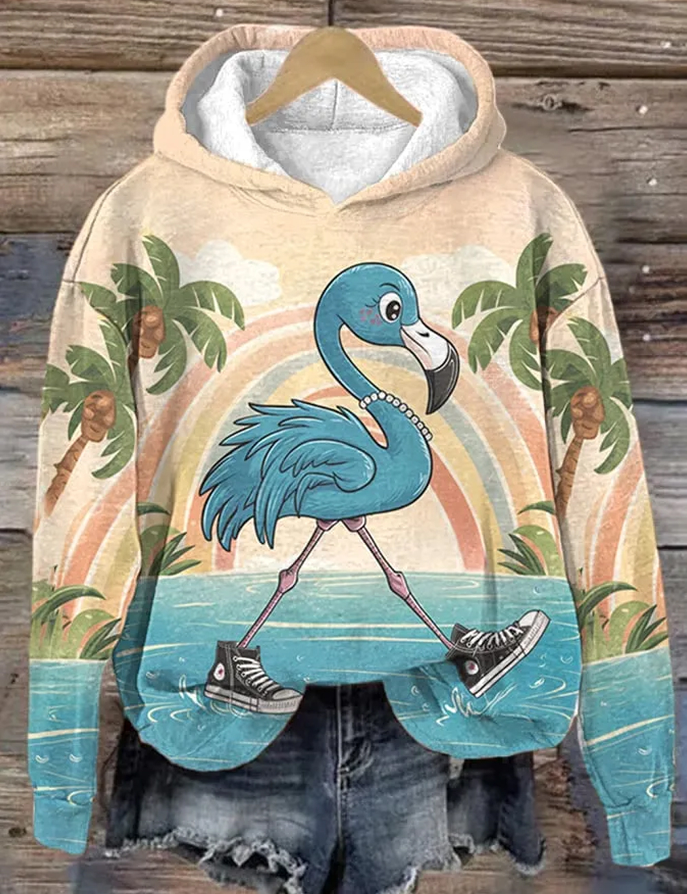 Women's Pearl Necklace Espadrilles Flamingo Print Hoodie