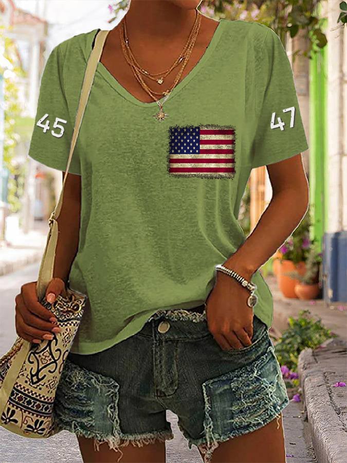 Women's 45-47 American Flag Print V-Neck T-Shirt