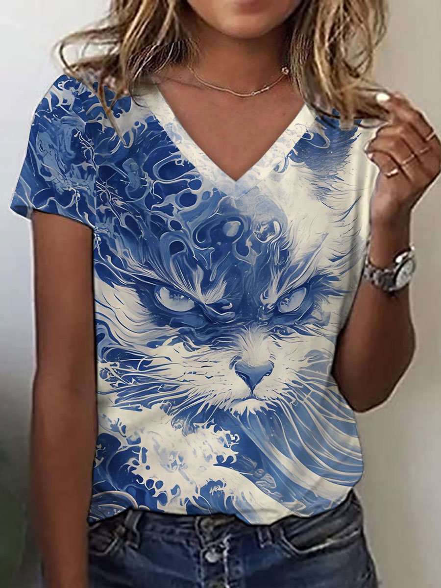 Women's Blue Waves&Cats Print V-Neck T-Shirt