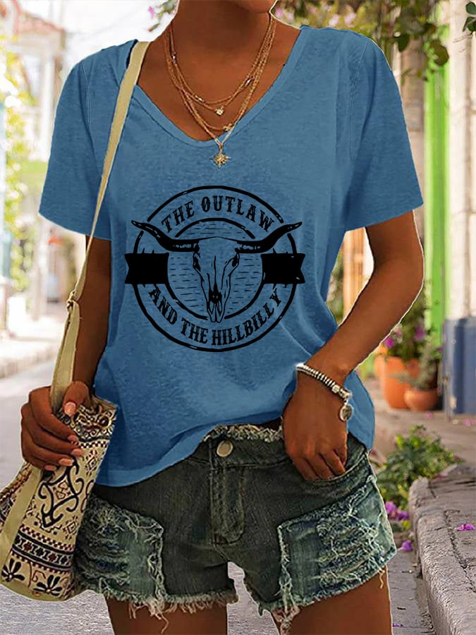 Women's The Outlaw and The Hillbilly Bull Skull Print V-Neck T-Shirt
