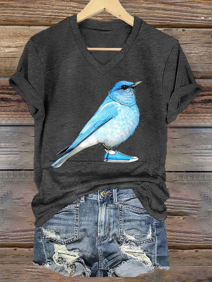 Women's Pearl Necklace Canvas Bird Print T-shirt