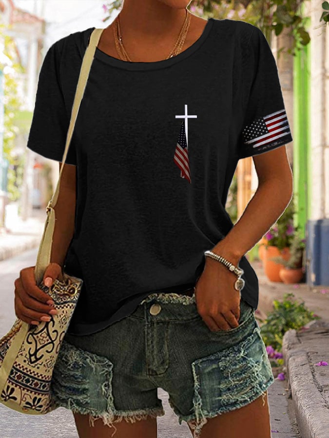 Women's Flag Cross Print Casual T-Shirt