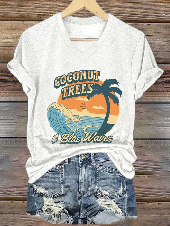 Women's Coconut Trees Blue Waves print casual T-shirt