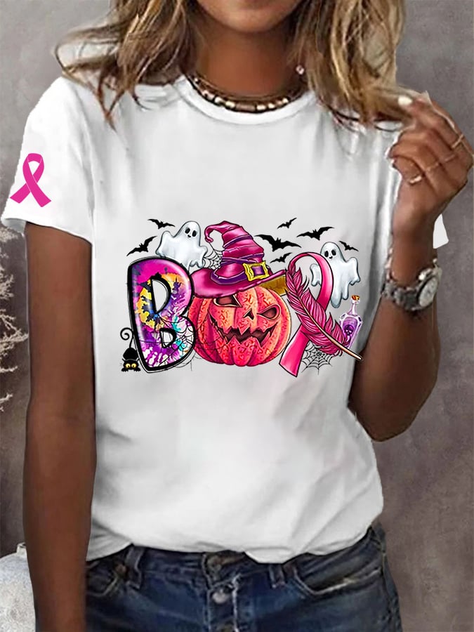 Women's Breast Cancer Awareness Halloween Boo Scare Away Breast Cancer Pink  Pink Ribbon  Casual Tee