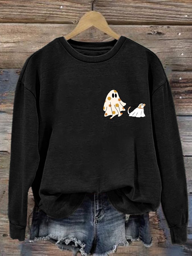 Retro Halloween Ghost And Dog Print Sweatshirt