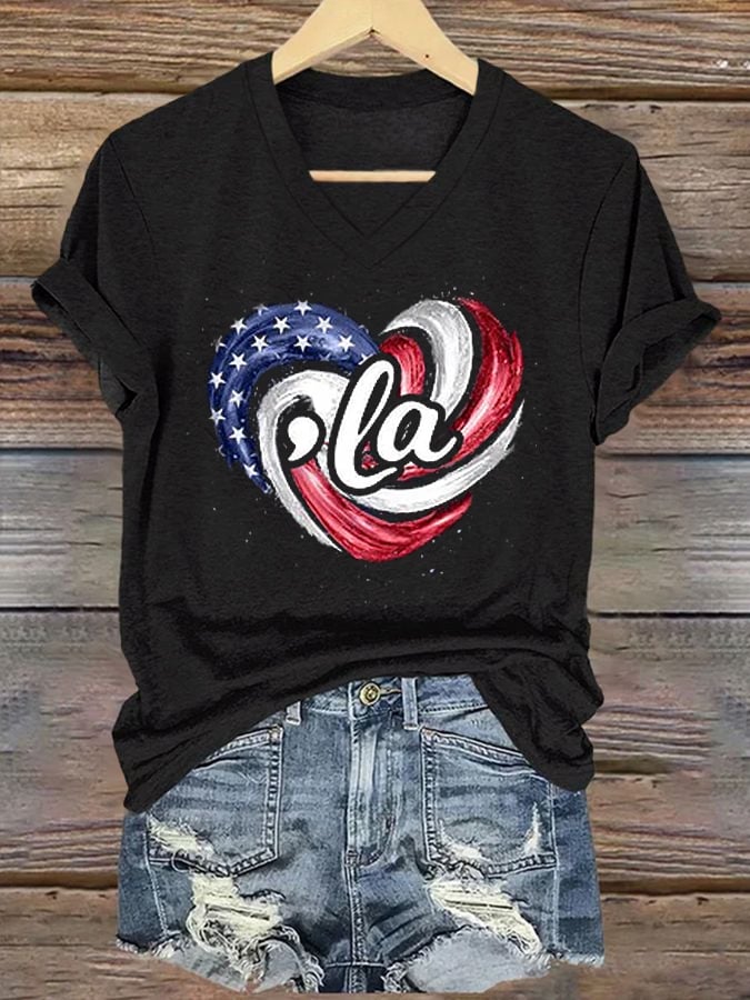 La Flag Printed Casual V Neck T-Shirt