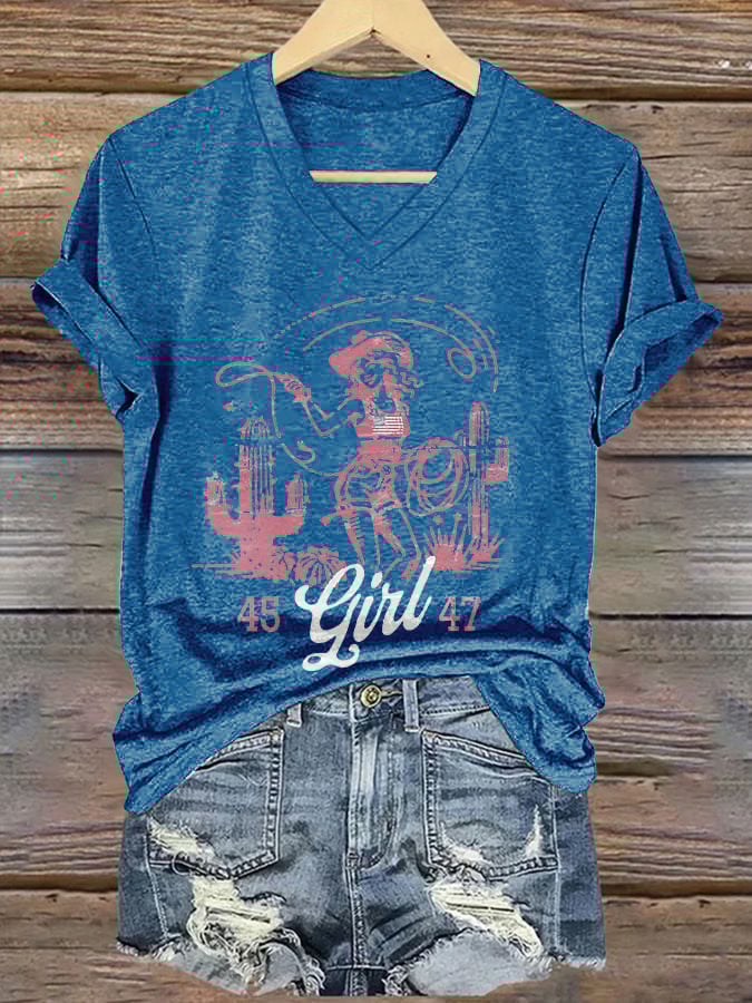 V-neck 45 47 Flag Western Cowboy Girl Cactus Print T-Shirt
