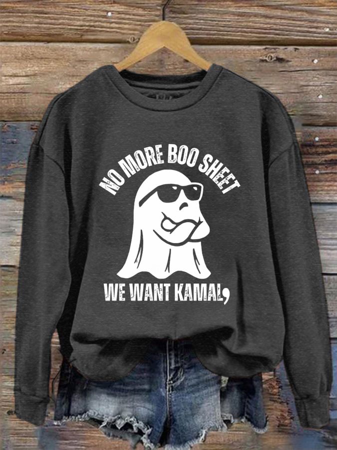 Women's No More Boo Sheet We Want Comma La Print Crew Neck Sweatshirt
