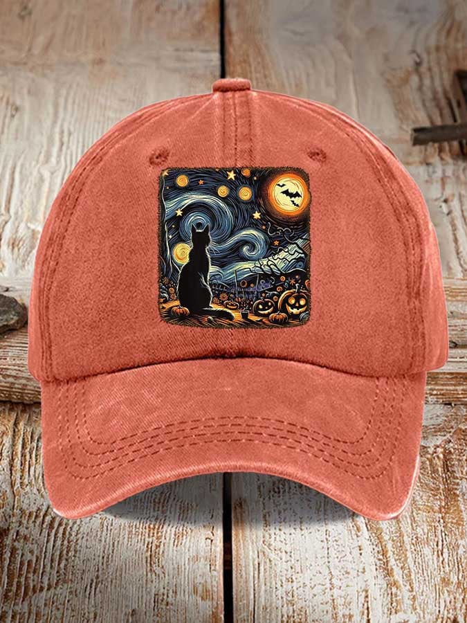 Retro Halloween Van Gogh Starry Night Cat Pumpkins Print Baseball Cap