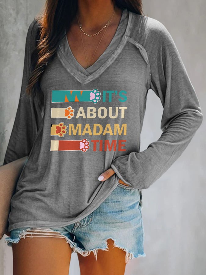 V-neck Retro It’s About Madam Time Cat Print T-Shirt