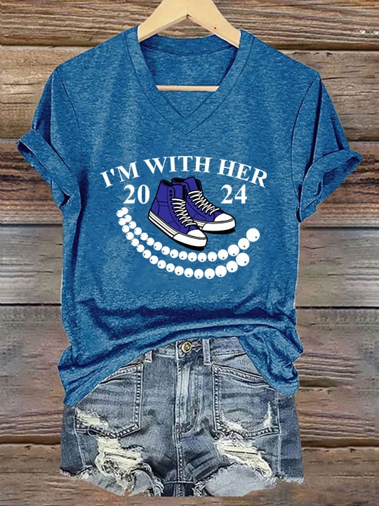 Women's Chucks And Pearls Printed V Neck T-Shirt