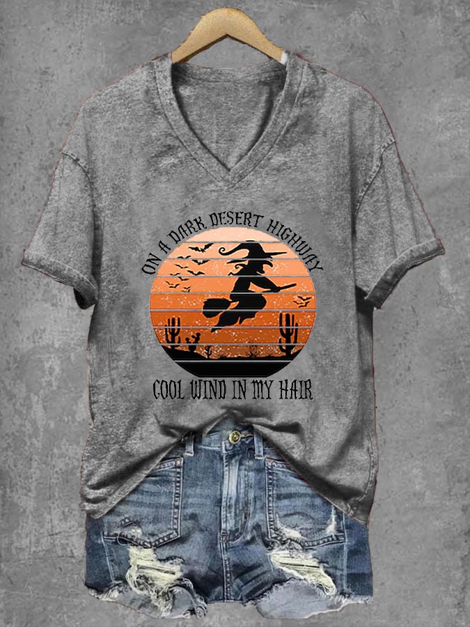 Women's Halloween On A Dark Desert Highway Cold Wind In My Hair  V-Neck Tee