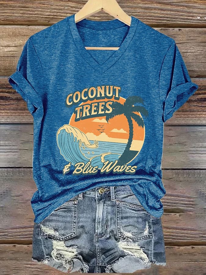 Women's Coconut Trees Blue Waves print casual T-shirt