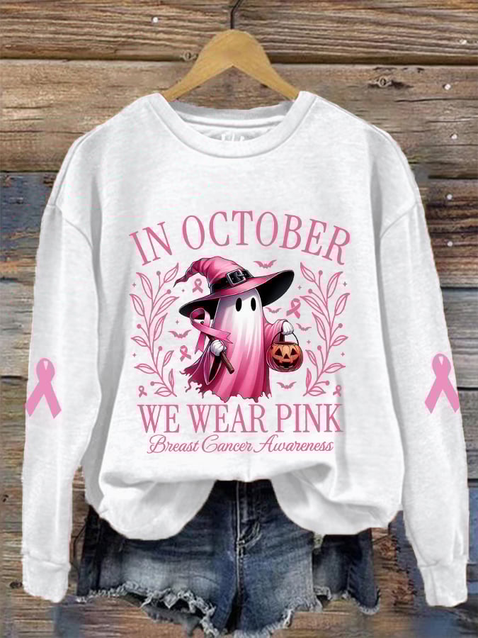 Women's In October We Wear Pink Halloween Ghost Breast Cancer Awareness Warrior Sweatshirt
