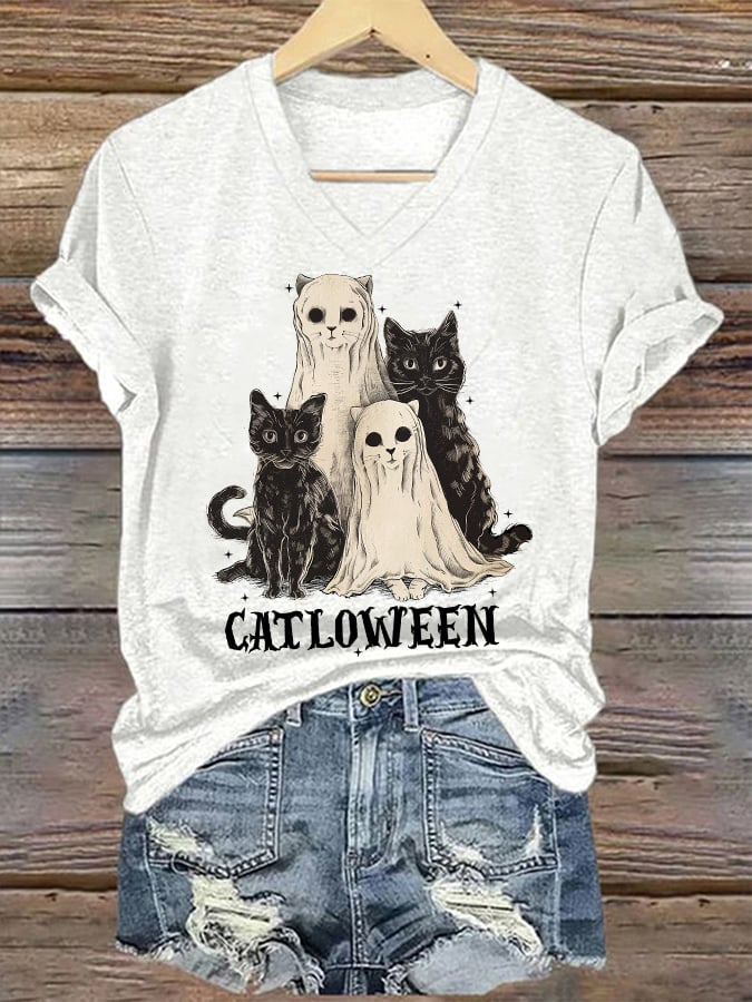 Women's Halloween Catloween Print T-Shirt
