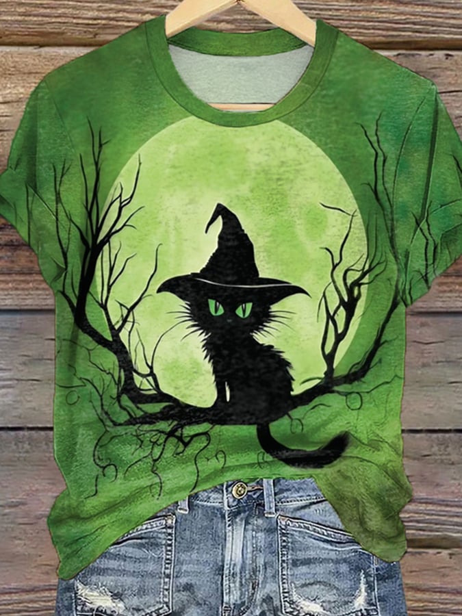 Women's Halloween Witch Cat Print Casual Tee