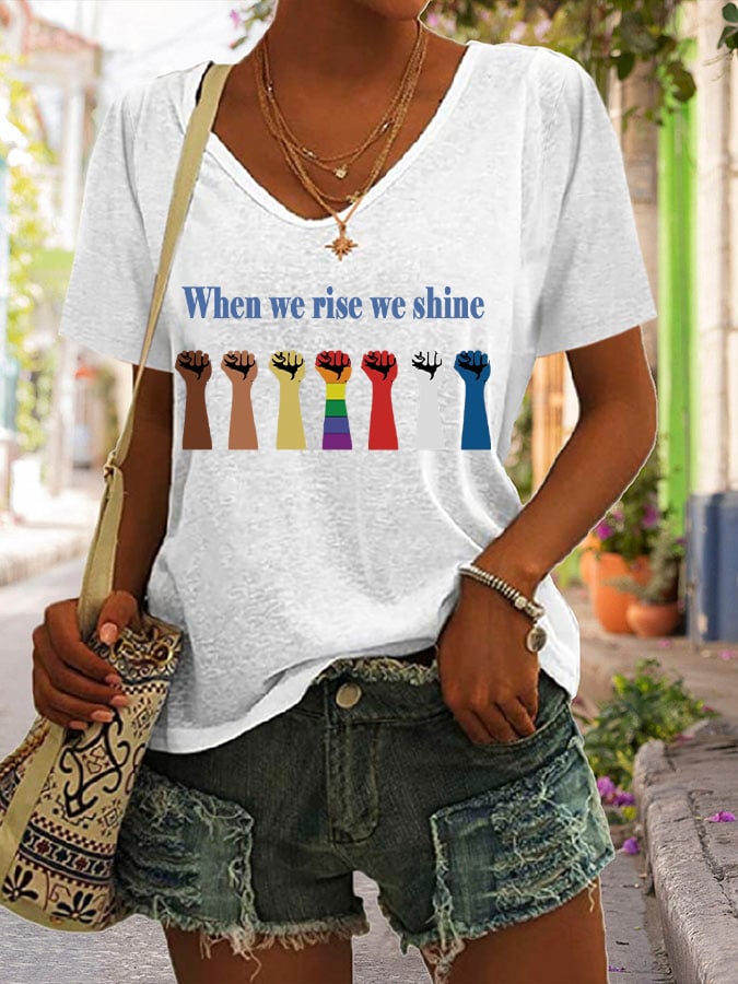 Women's When We Rise We Shine Printed V-Neck Short Sleeve T-Shirt