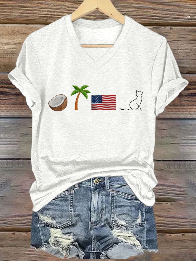 Women's Coconut Palm Tree Flag And Cat Printed Casual V-Neck T-Shirt