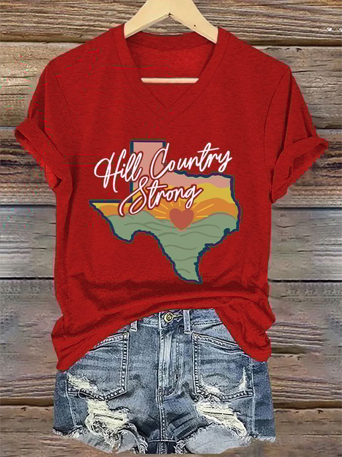 V-Neck Retro Texas Strong Hill Country Strong Print T-Shirt