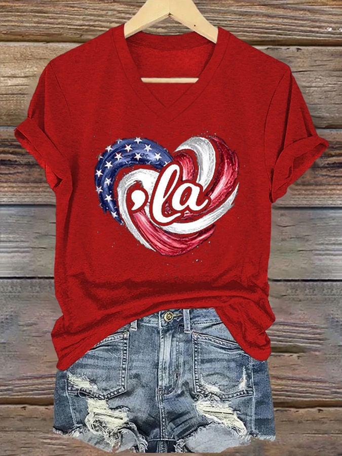 La Flag Printed Casual V Neck T-Shirt
