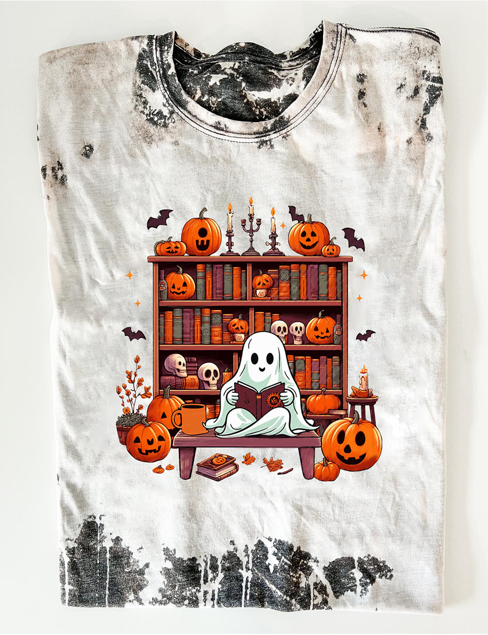 Women's Halloween Library Ghost Books Print T-Shirt