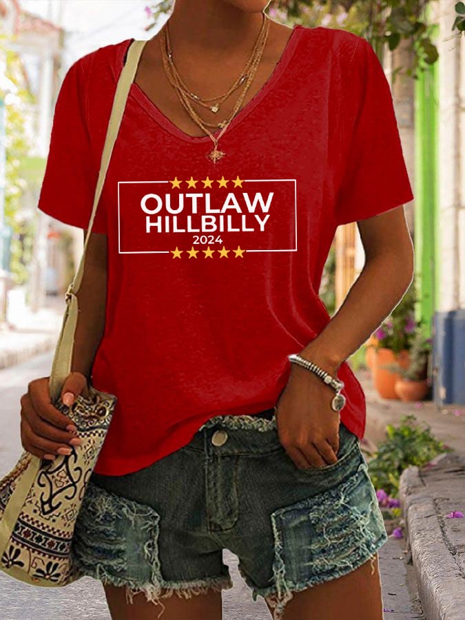 Women's Outlaw Hillbilly Print V-Neck T-Shirt