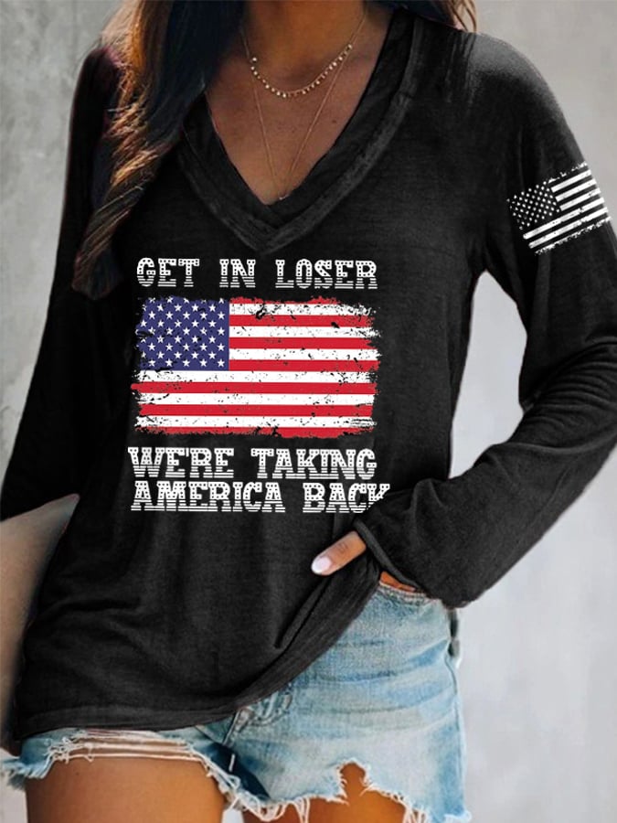 Women's Get In Loser We're Taking America Back 2024 Vote MAGA American Flag Long-Sleeve Top