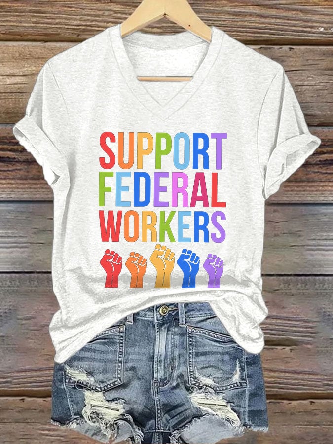 V-neck Retro Support Federal Workers Print T-Shirt