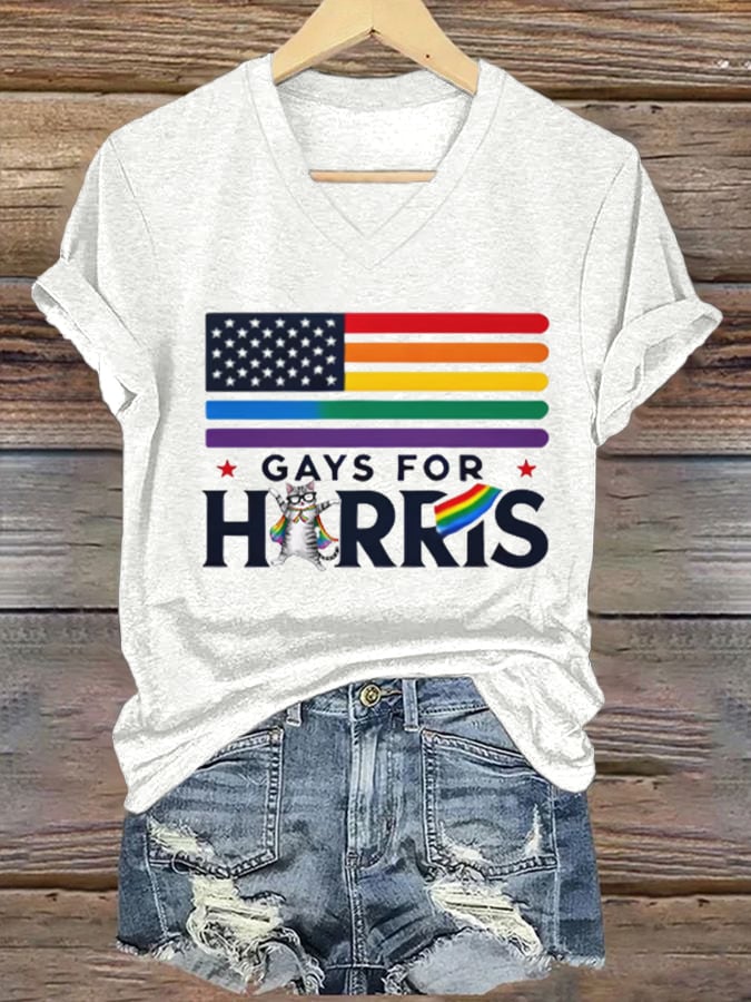 Women's Cat Colorful American Flag Print Casual T-Shirt