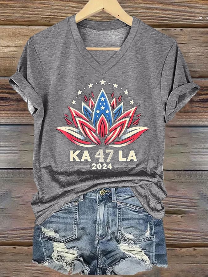 Lotus La Printed Casual V Neck T-Shirt