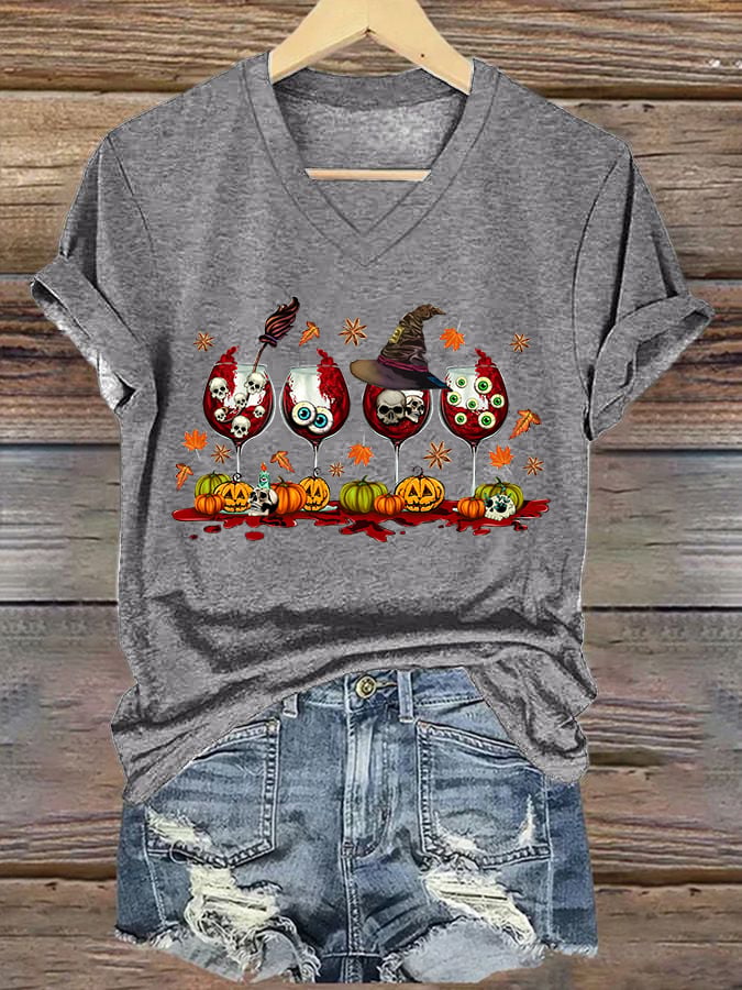 Women's Halloween Red Wine Printed Casual T-shirt