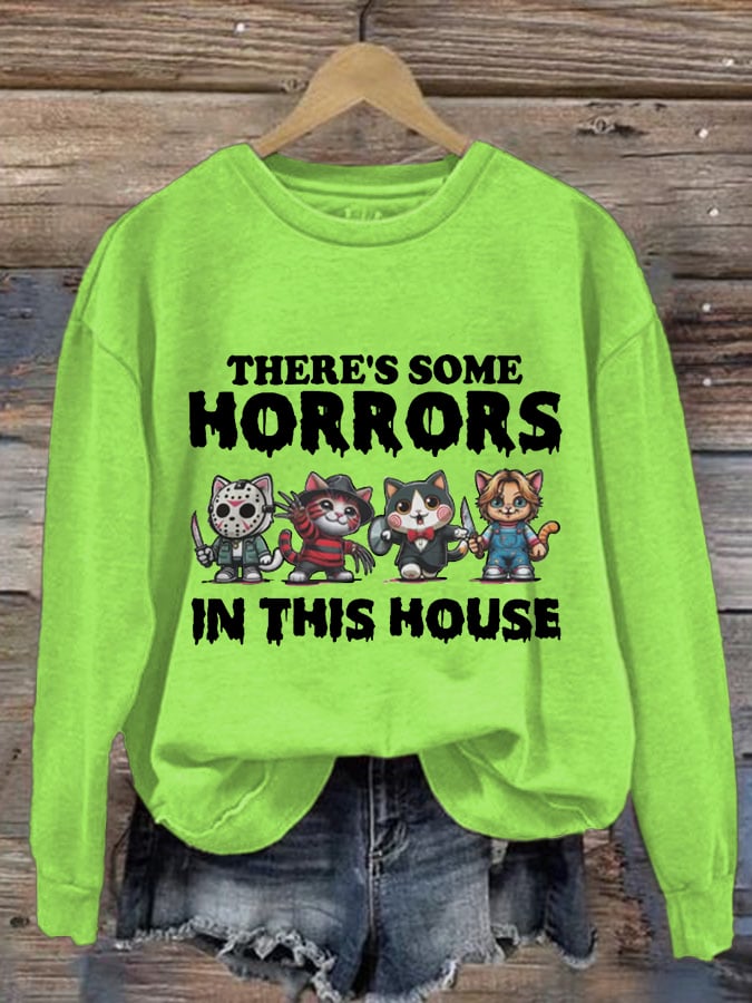Women's There'S Some Horrors, Halloween Cat Print Long Sleeve Sweatshirt