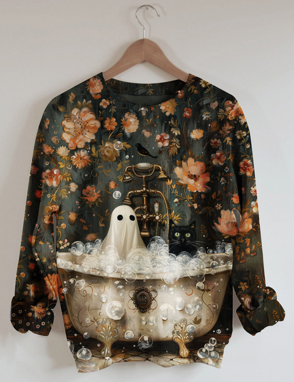 Women's  Ghost And Cat In Bathtub Spooky Bubblebath Halloween Art Print Shirt