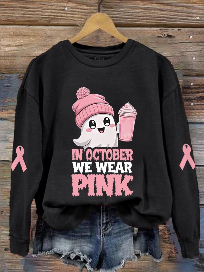 Women's In October We Wear Pink Halloween Ghost Breast Cancer Awareness Warrior Sweatshirt