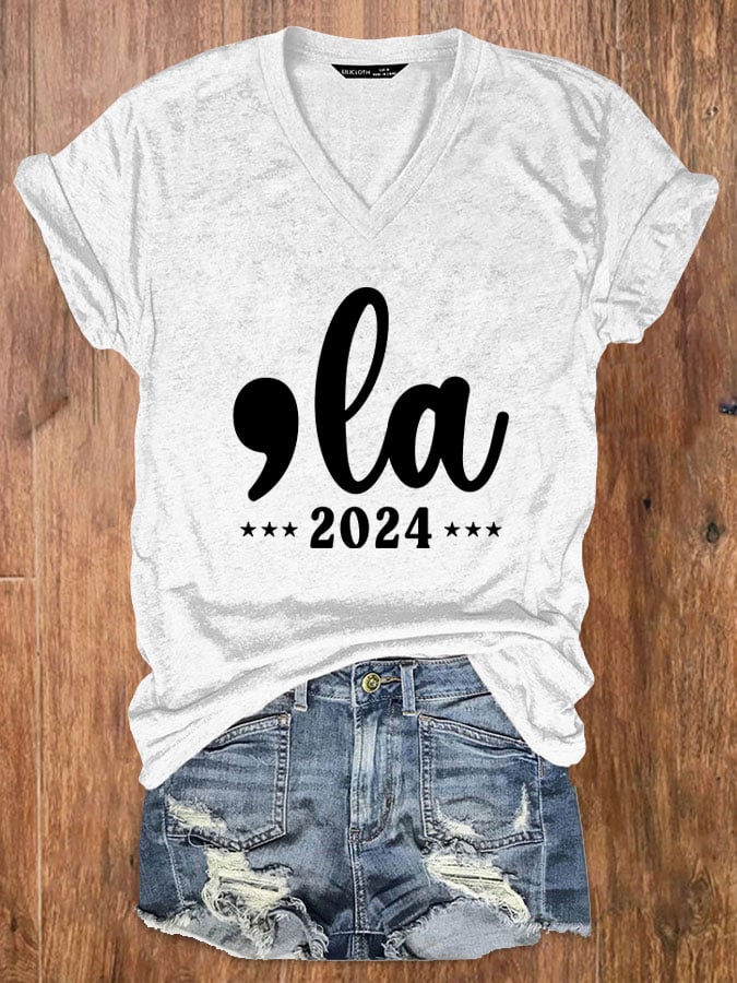 Women's Comma La Printed Casual V-Neck T-Shirt