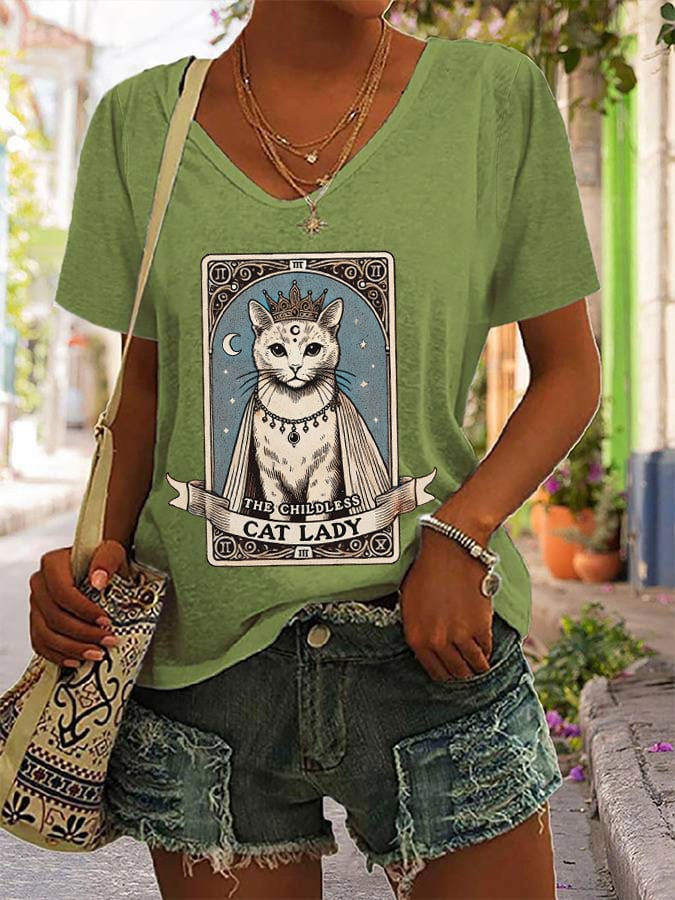 Women's Childless Cat Lady Print Round Neck T-Shirt