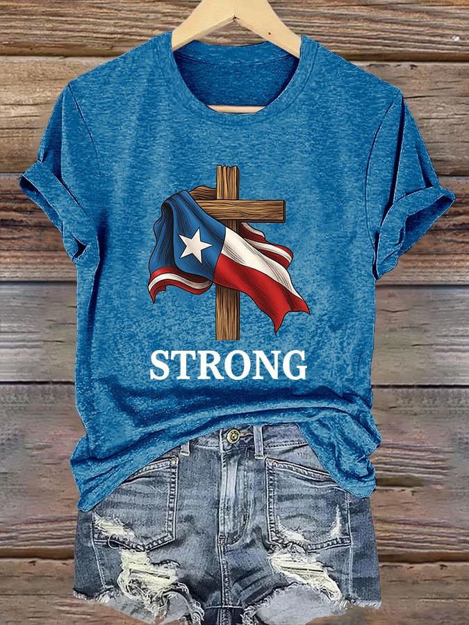 Retro Texas Strong Faith Cross Print T-Shirt