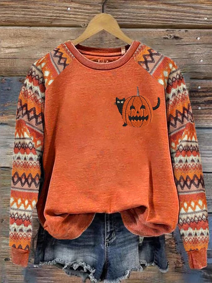 Women's Halloween Black Cat Pumpkin Sweatshirt