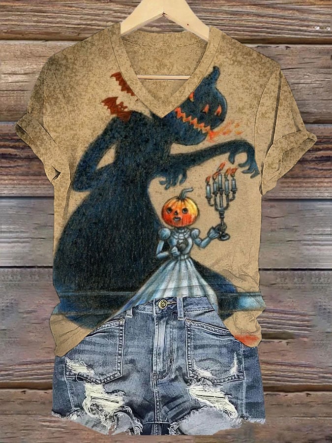 Women's Halloween Print V Neck T-Shirt