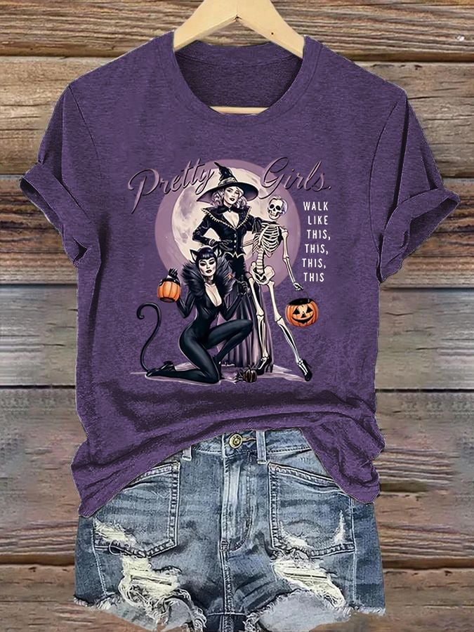 Women's Halloween Witch (Pretty Girls Walk Like This This This) Printed Casual T-Shirt