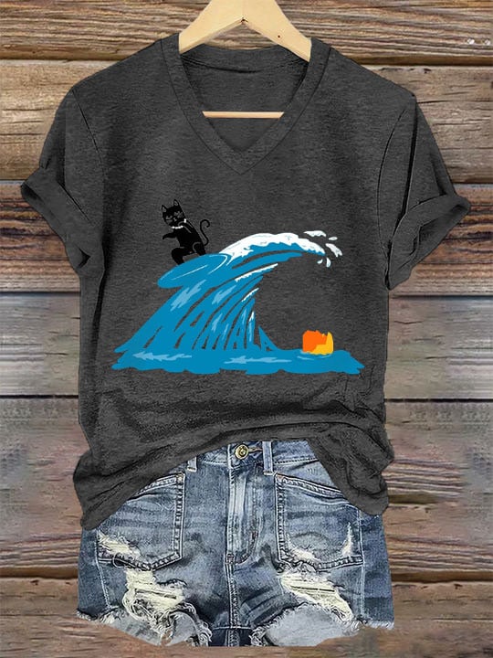 Women's Blue Wave And Black Cat Printed V-Neck T-Shirt