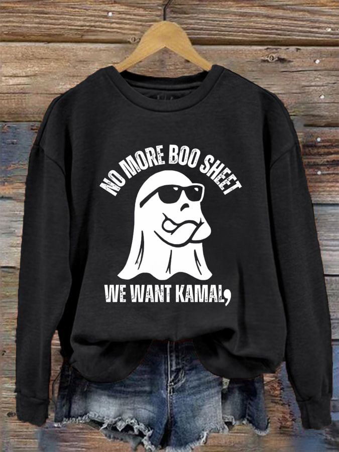 Women's No More Boo Sheet We Want Comma La Print Crew Neck Sweatshirt
