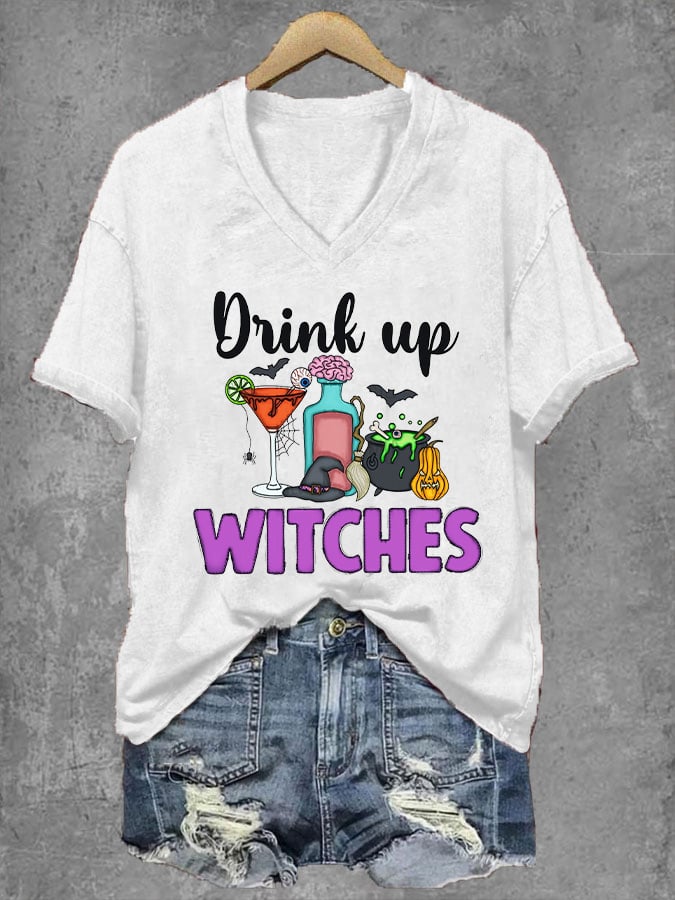 Women's Halloween Witches Drink Up Print V-Neck T-Shirt