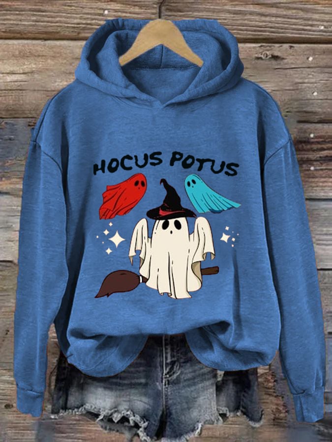 Women's Hocus Potus Blue Halloween Print Hoodie