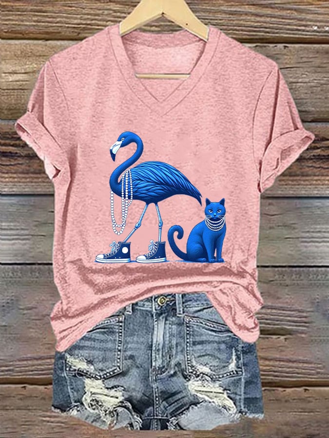 Women's Pearl Necklace Canvas Shoes Flamingo & Pearl Necklace Blue Cat Print Casual V-Neck T-Shirt