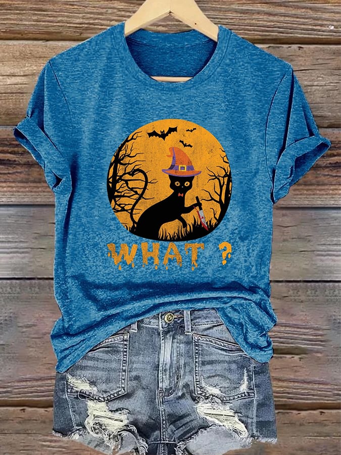 Women's Halloween Murderous Black Cat Print Crew Neck T-Shirt