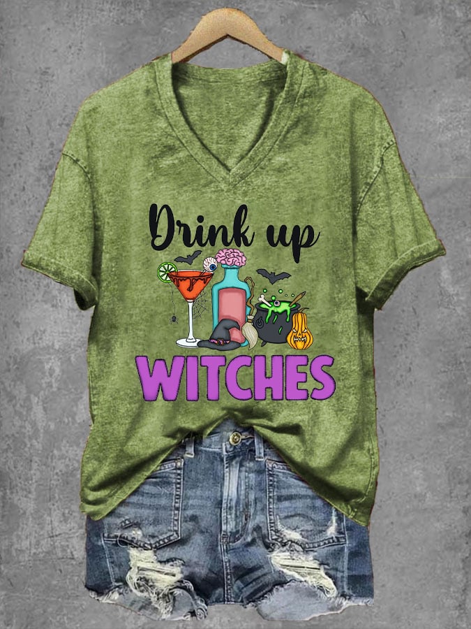 Women's Halloween Witches Drink Up Print V-Neck T-Shirt