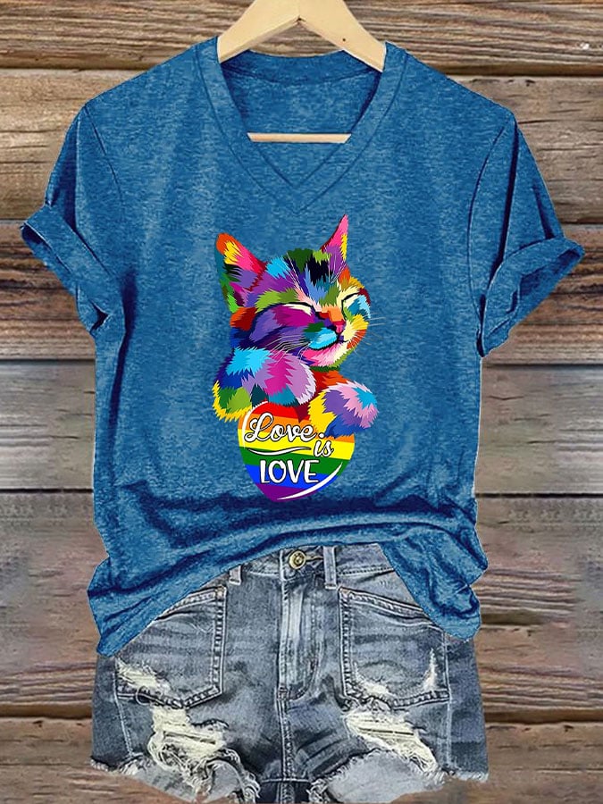 Women's La  Cat Love Is Love Printed Short-Sleeved T-Shirt
