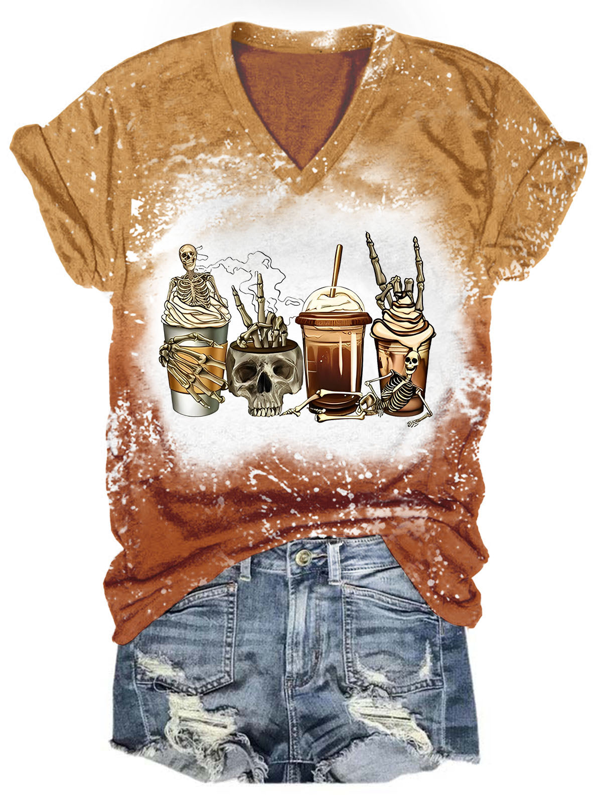 Women's Skull Coffee Print Gradient Tie Dye T-Shirt